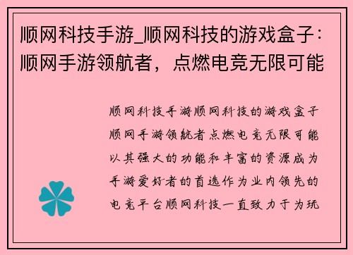 顺网科技手游_顺网科技的游戏盒子：顺网手游领航者，点燃电竞无限可能